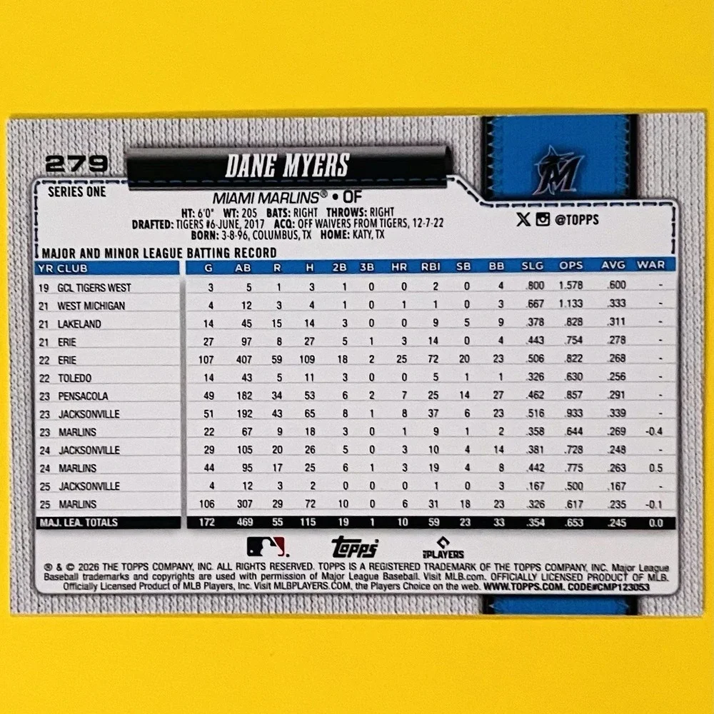 2026 Topps Series 1 Dane‎ Myers #279 Miami Marlins Foilboard Base Card